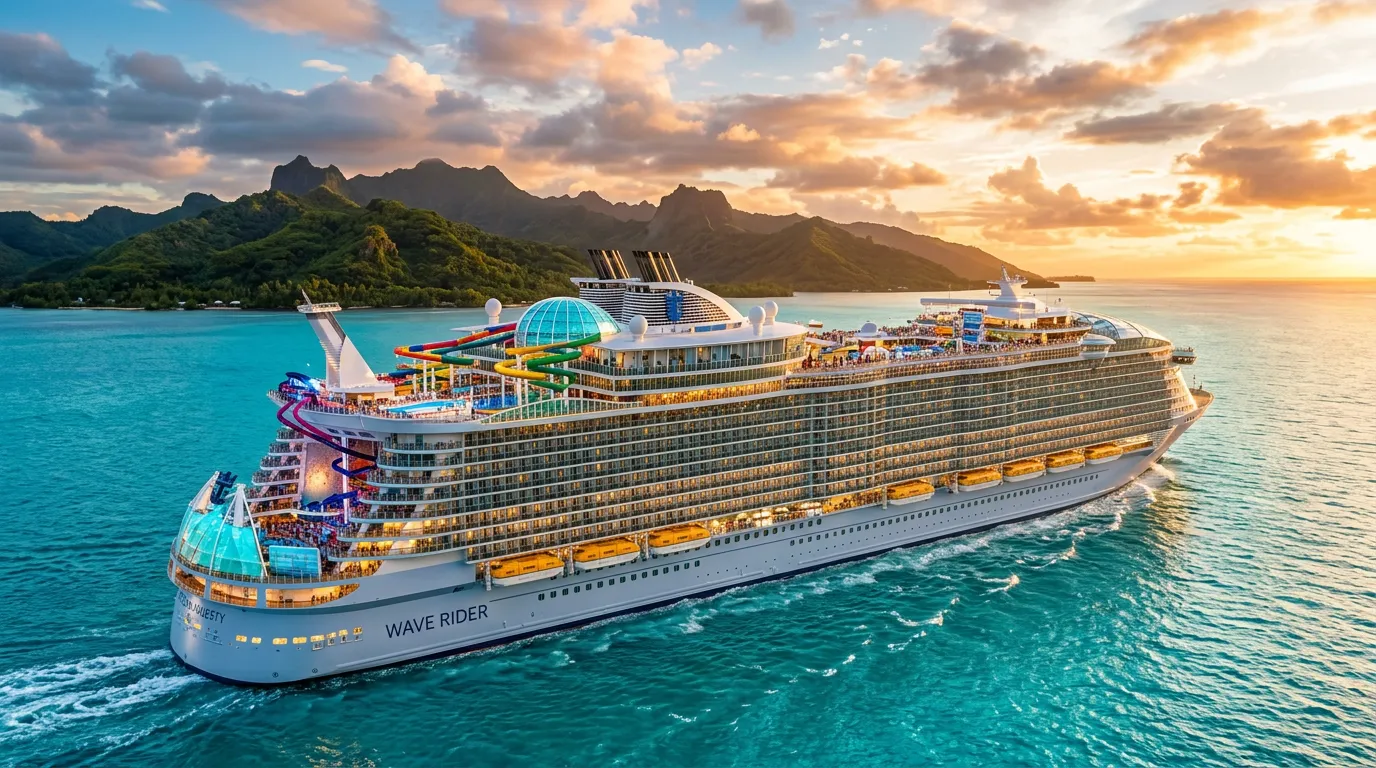 Cruise ship sailing at sunset